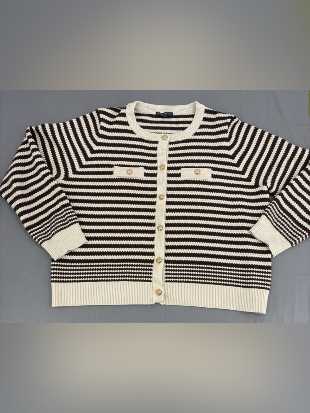 Adrianna Papell Cream and Dark Brown Striped Button-Front Cardigan